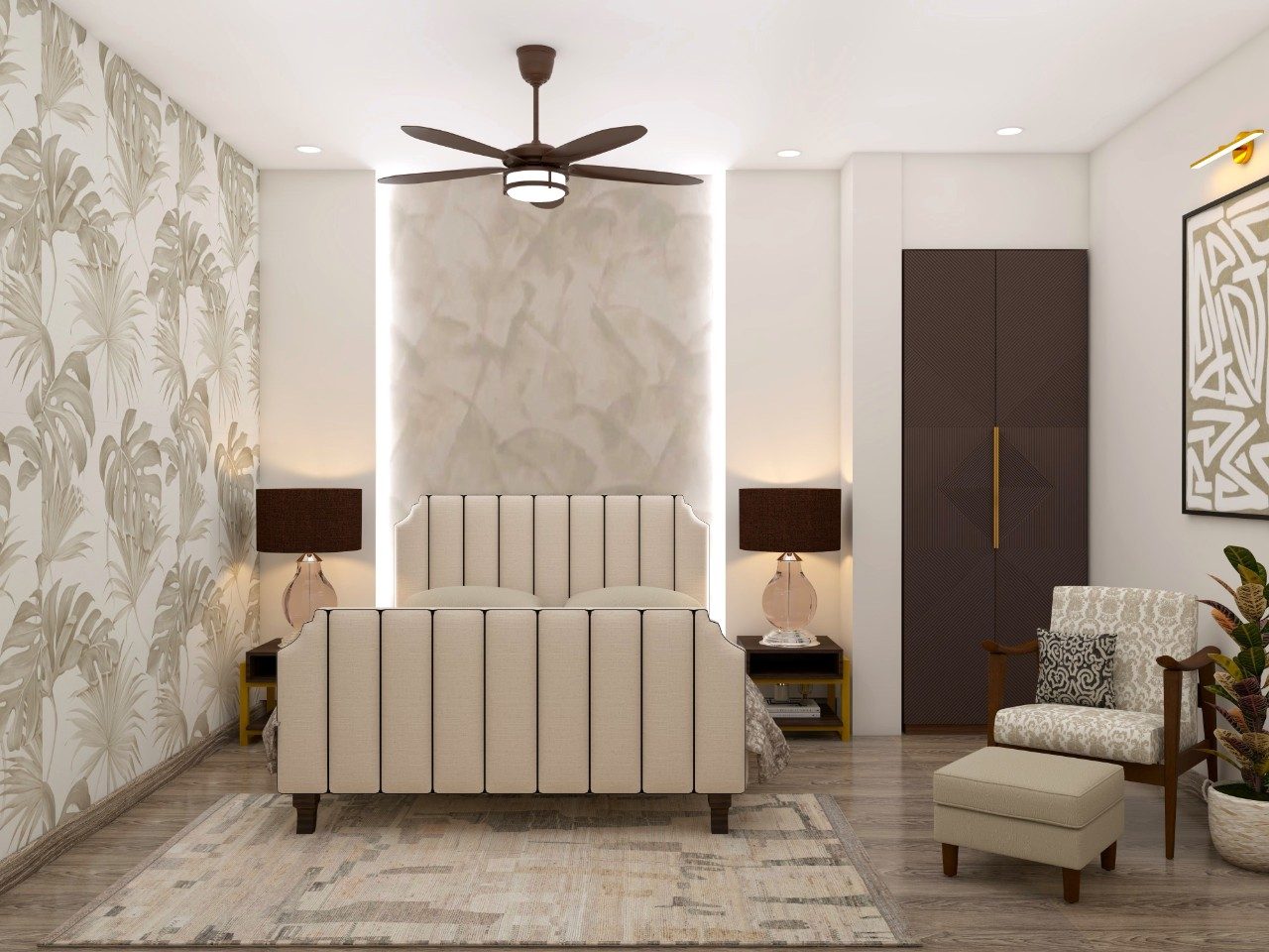 Modern bedroom with accent chair and footstool-Beautiful Homes