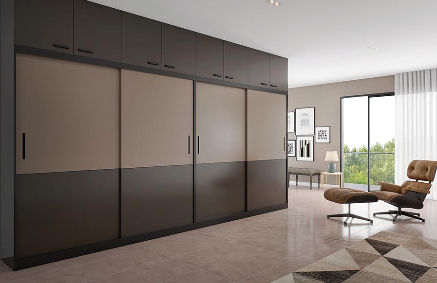 A sleek neutral modular wardrobe highlighting modern bedroom design with a bed and rug - Beautiful Homes