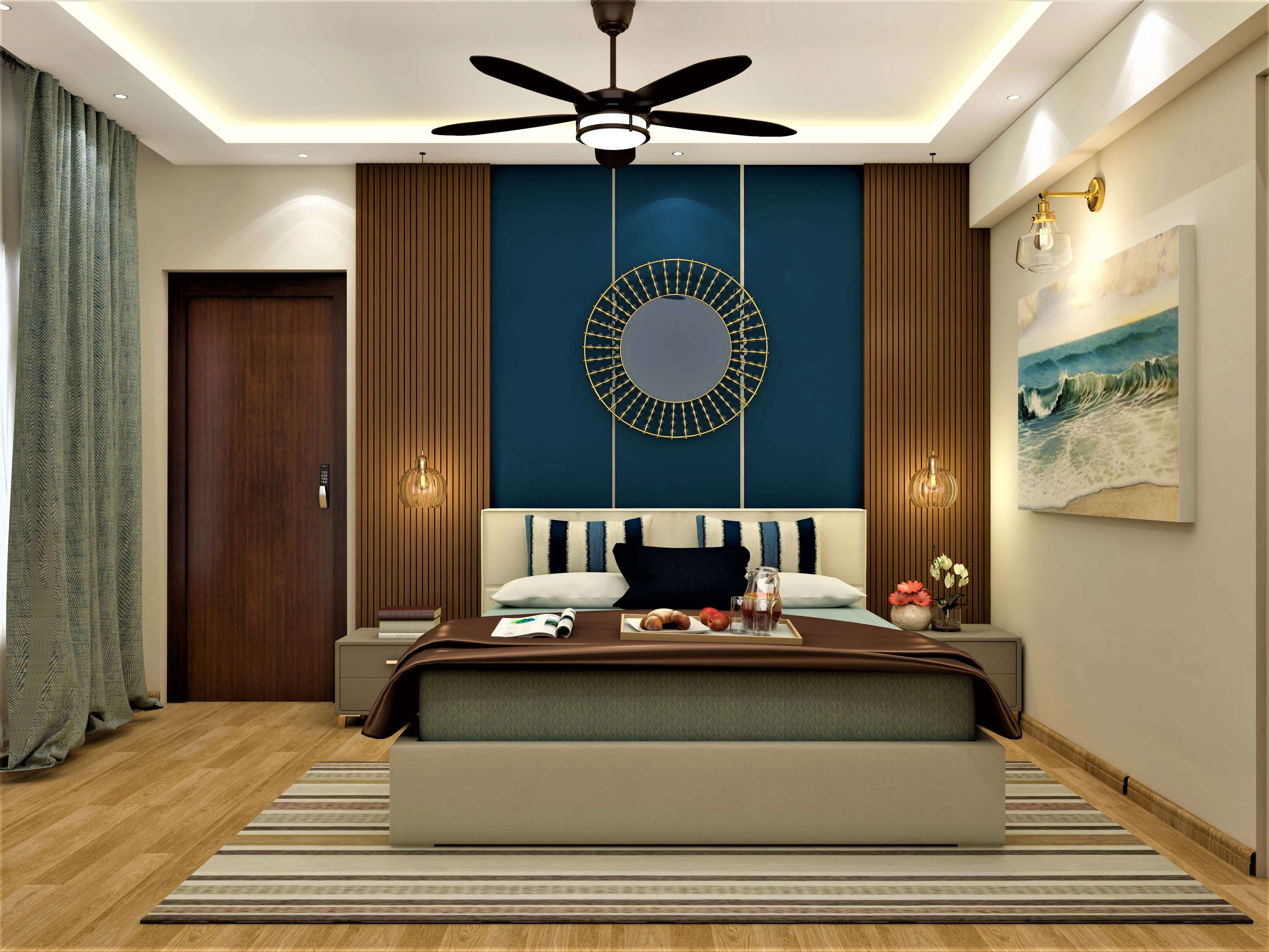 Monochromatic tone trending bedroom design with  modular and compact TV unit design - Beautiful Homes