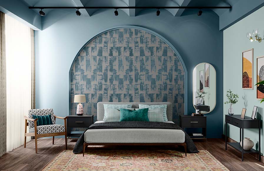 Eclectic bedroom interior with printed wall canvas- Beautiful Homes