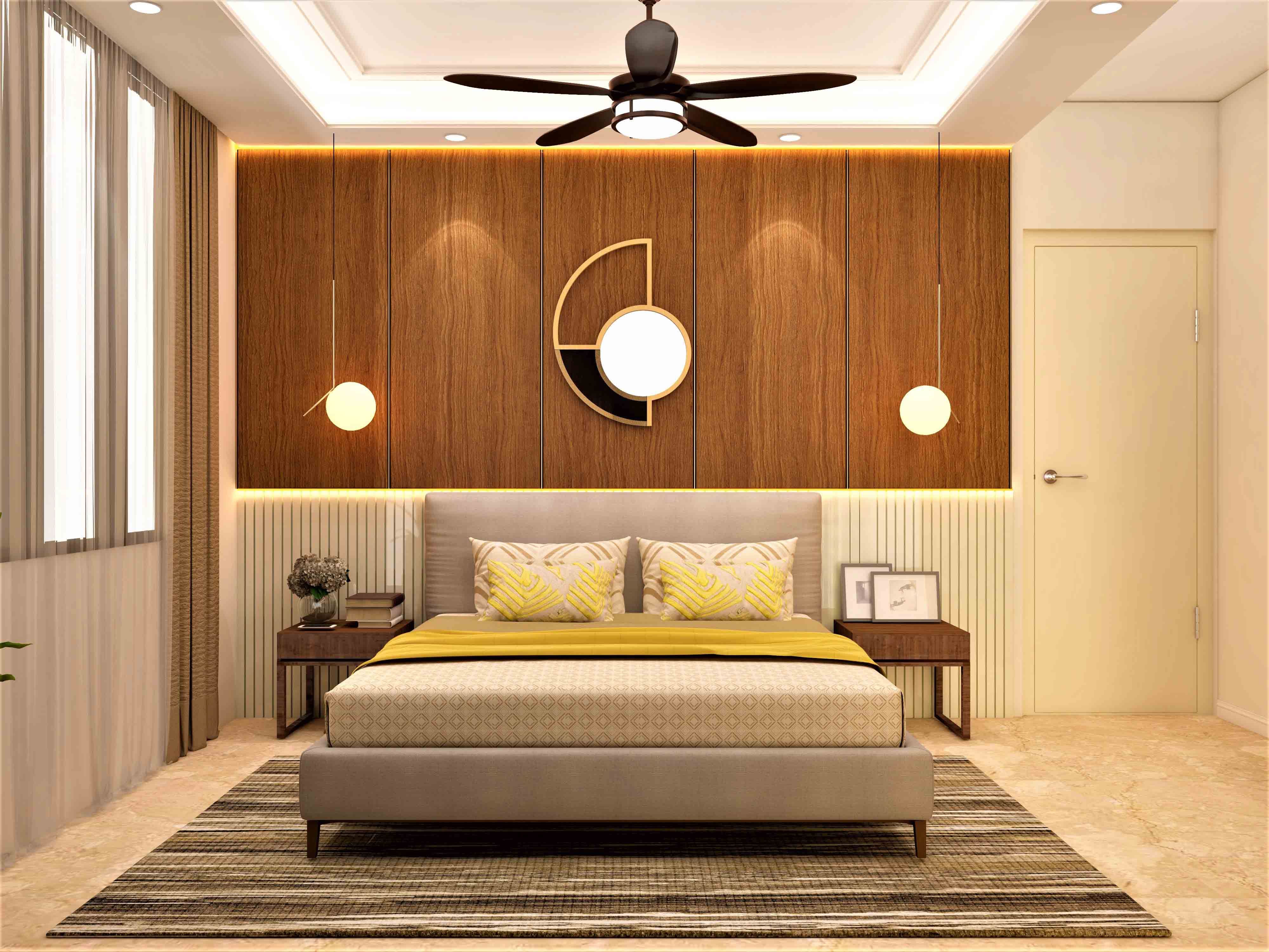 Elegant master bedroom design with vertical wooden panels and an accent wall - Beautiful Homes