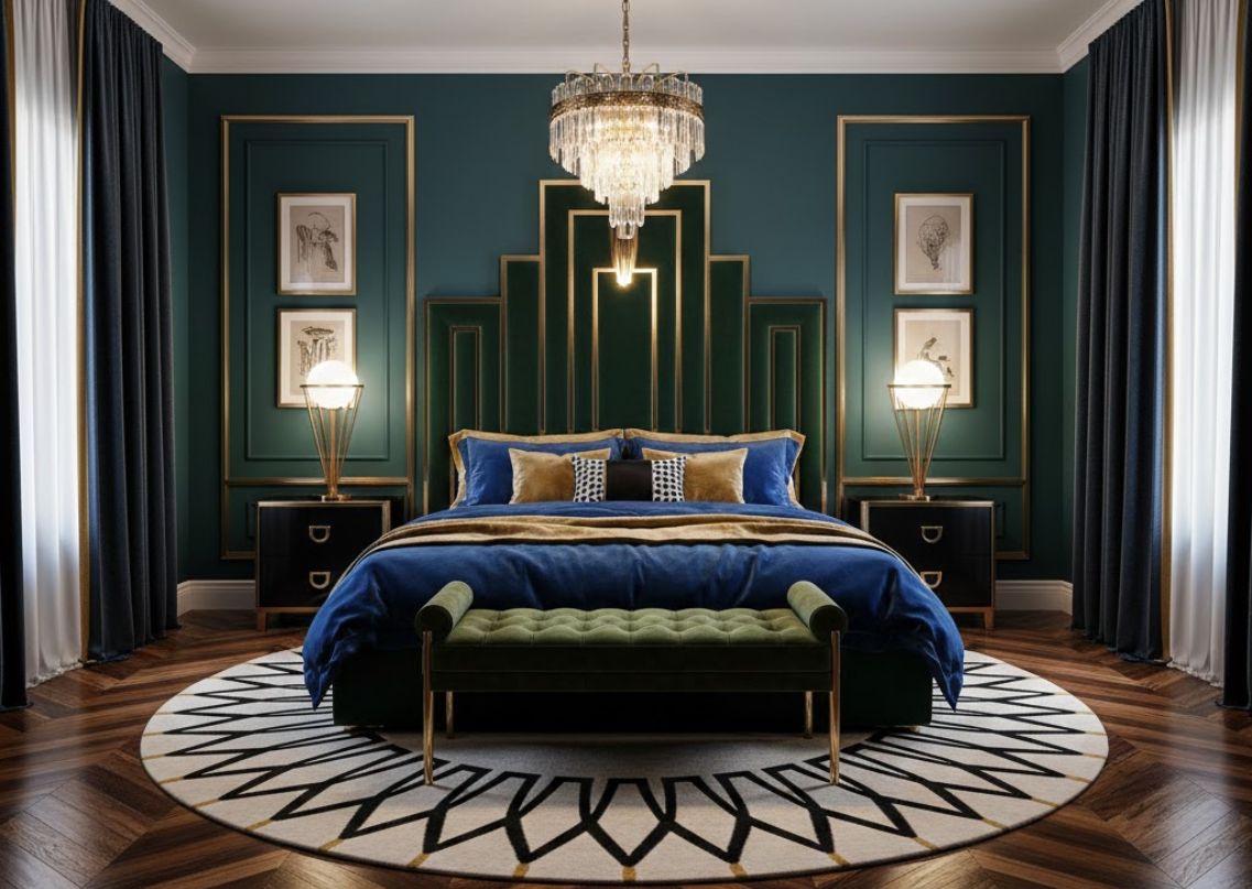 Elegant bedroom with chandelier and upholstered bed - Beautiful Homes