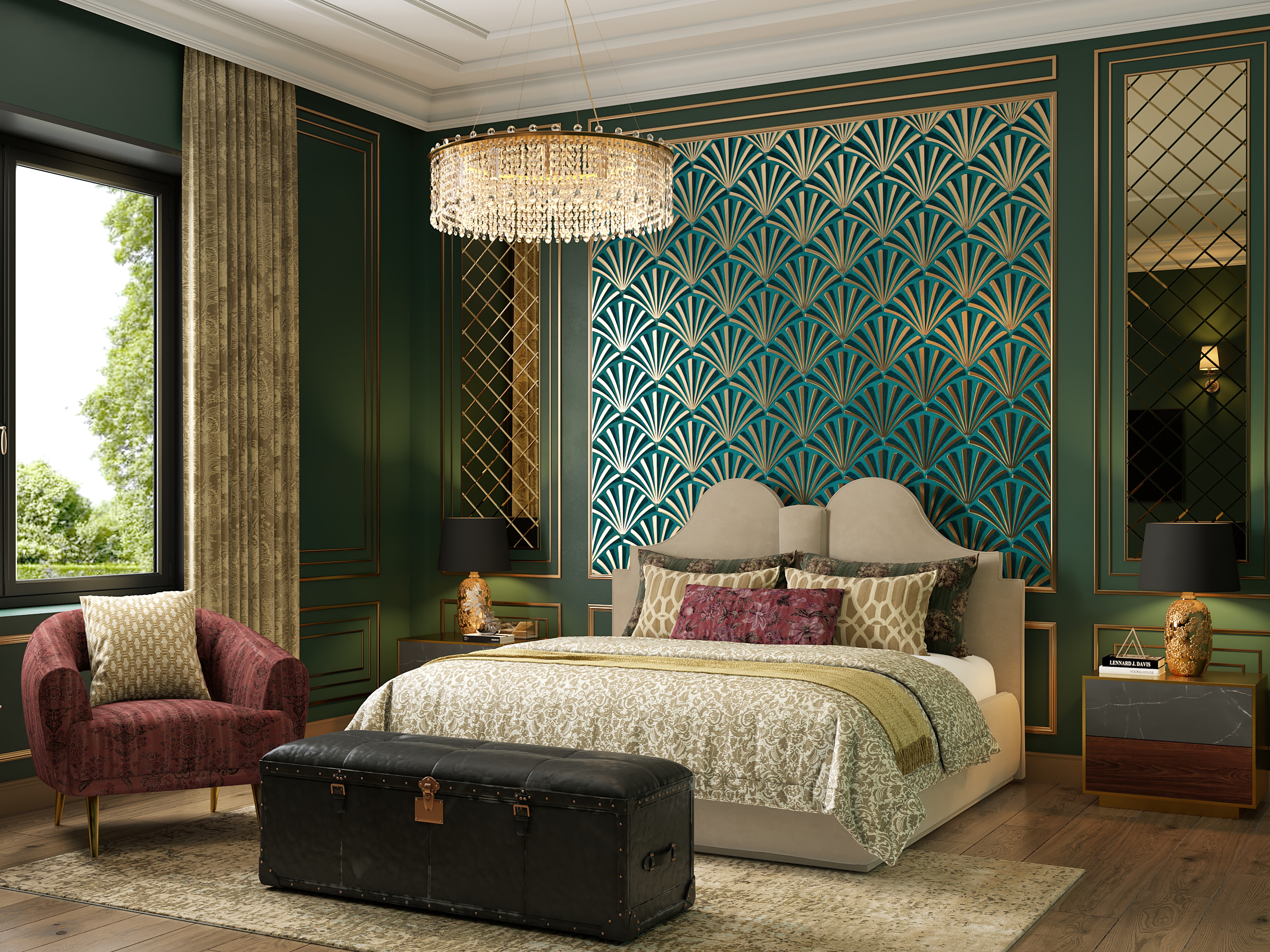 Green wall modern bedroom with chandelier lighting - Beautiful Homes