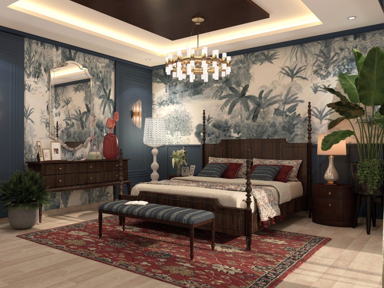 Art deco style blue master bedroom with Nilaya luxe wooden furniture and Nilaya Wallpaper - Beautiful Homes