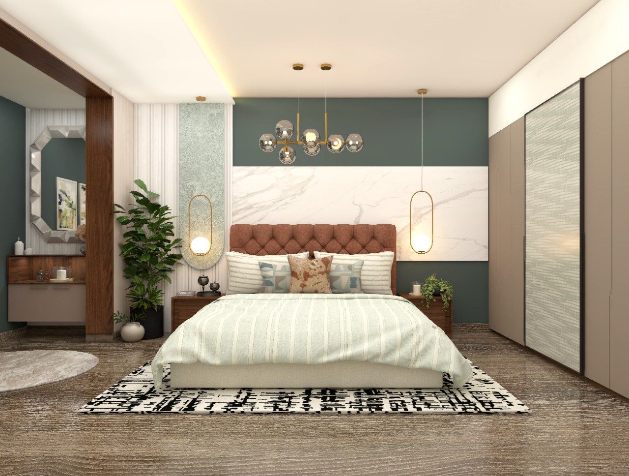 Luxury bedroom design with marble wall paneling and pendant lights-Beautiful Homes