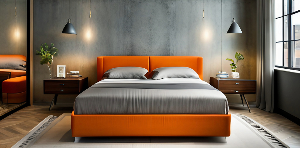 Bedroom design with orange upholstery bed and side tables and grey walls-Beautiful Homes