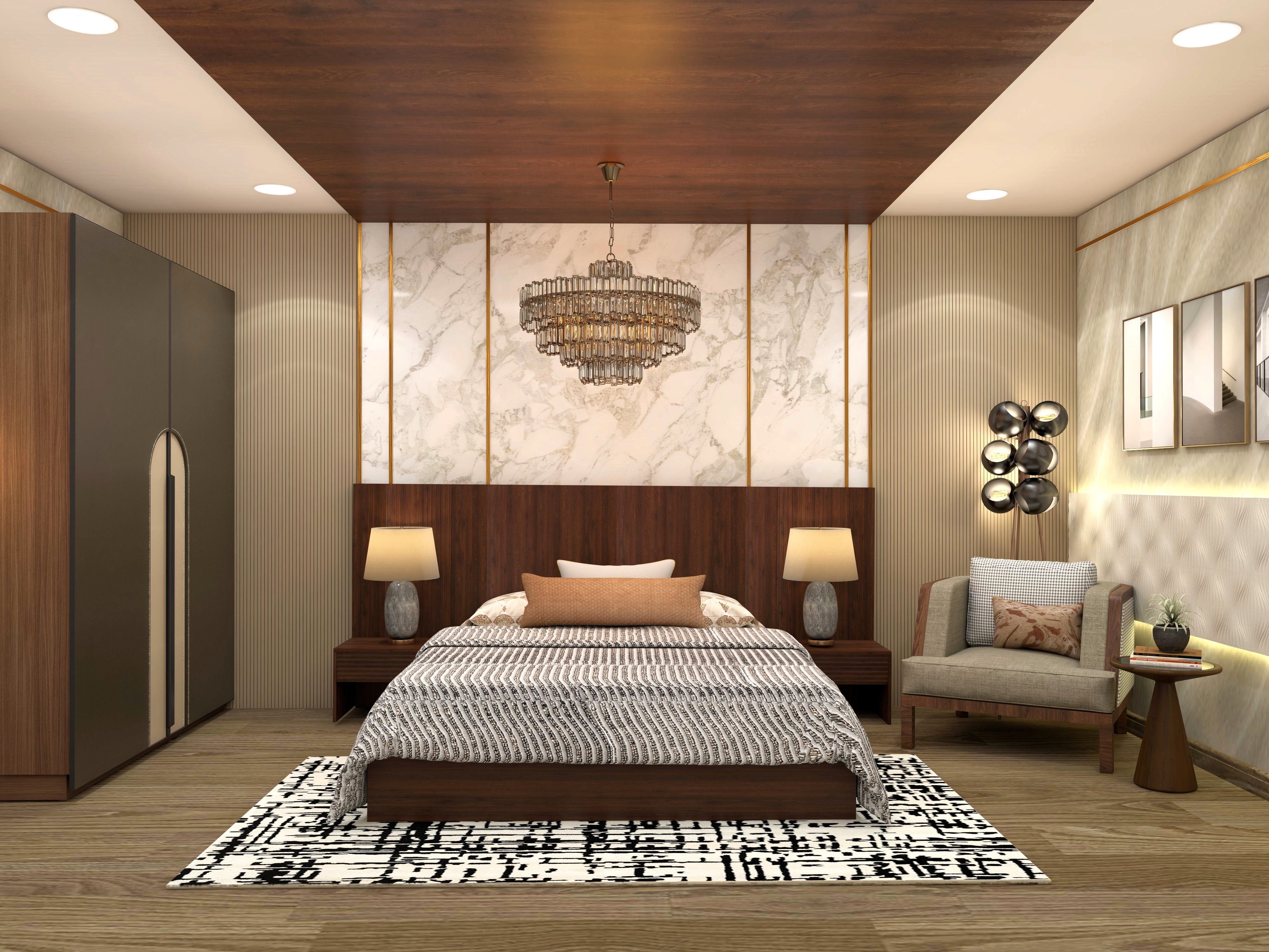 Bedroom with fluted wall paneling and wooden headboard-Beautiful Homes