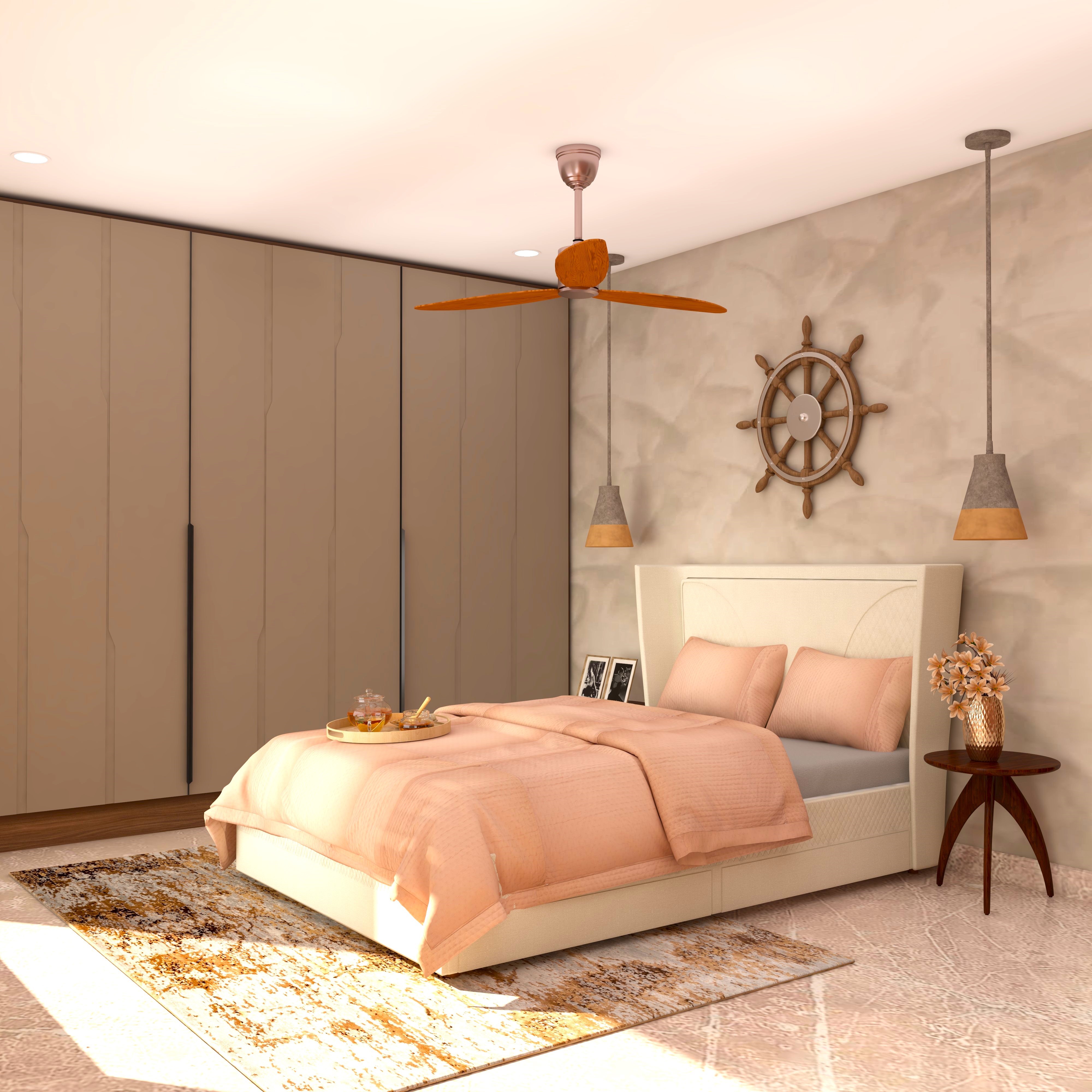 Bedroom with sliding wardrobe and pendant lights-Beautiful Homes