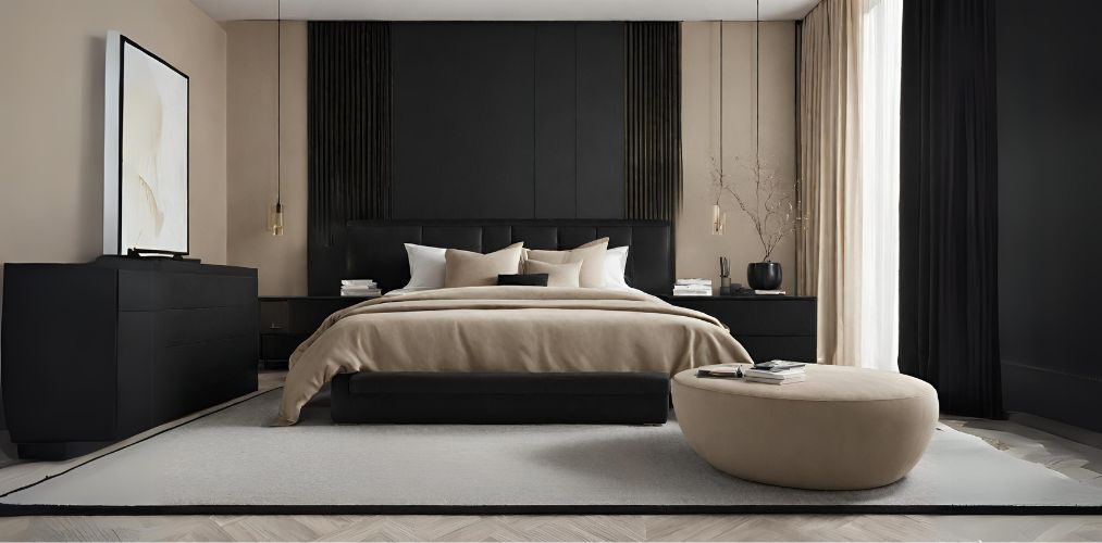 Beige and black modern bedroom with ottoman-Beautiful Homes