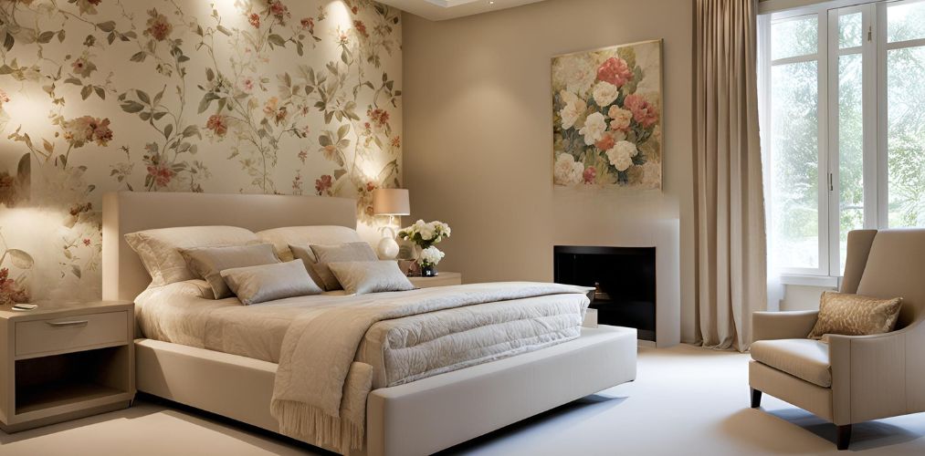 Beige master bedroom with floral wallpaper and accents - Beautiful Homes