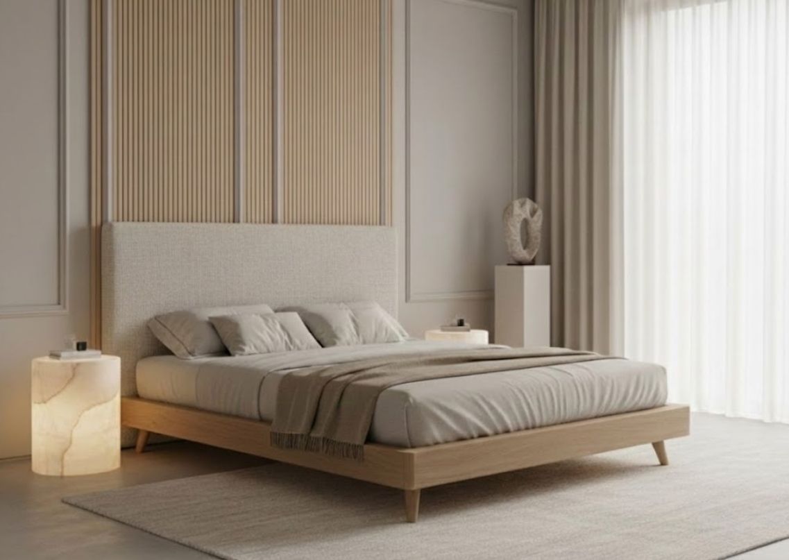 Modern bedroom with wooden bed and beige décor - Beautiful Homes