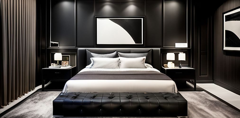 Black bedroom with grey carpet-Beautiful Homes