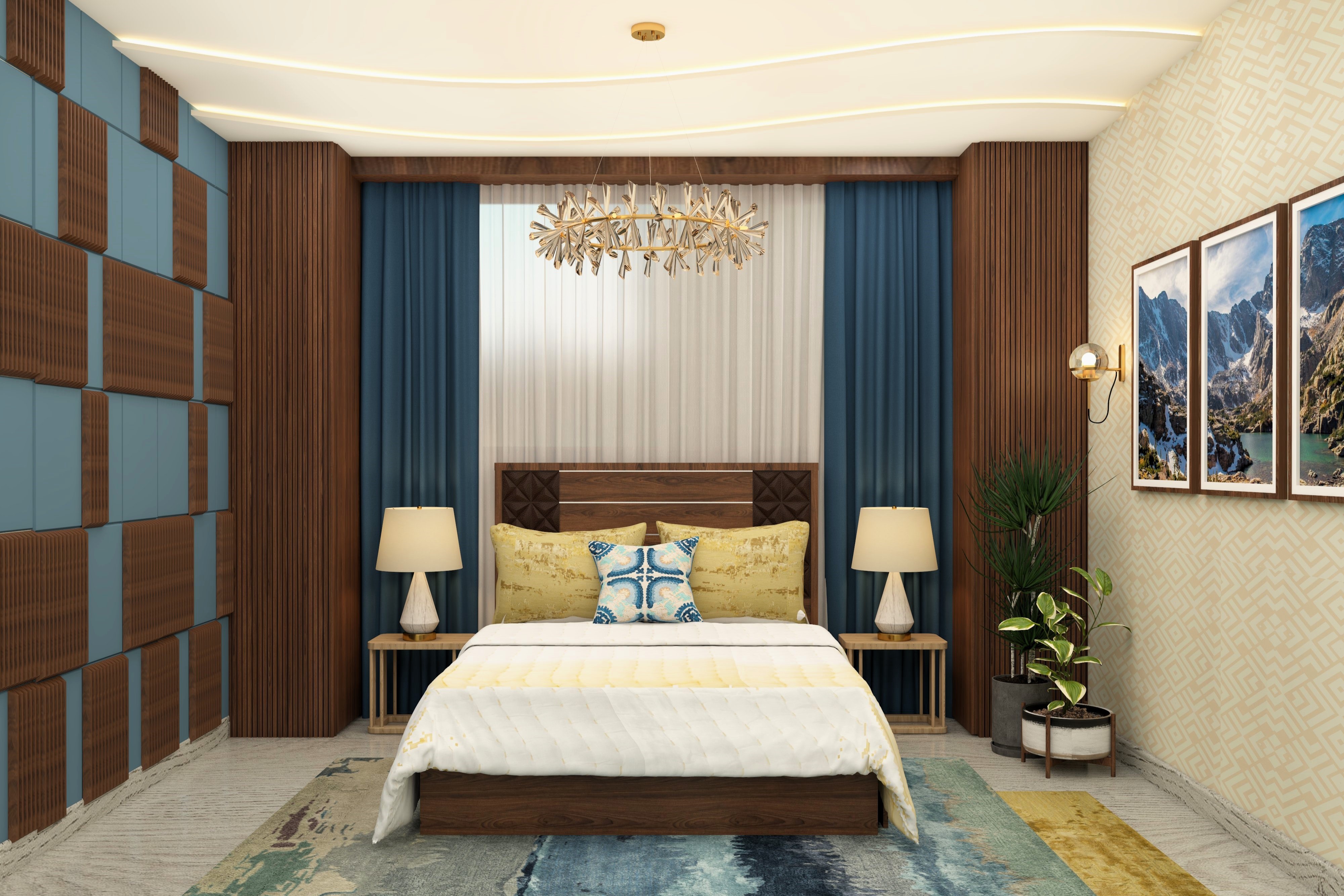 Blue and brown master bedroom with wooden headboard and side table lamps-Beautiful Homes