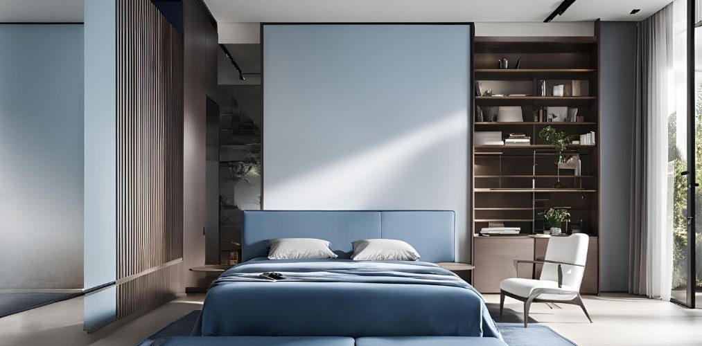 Blue minimalist bedroom with wall shelves - Beautiful Homes