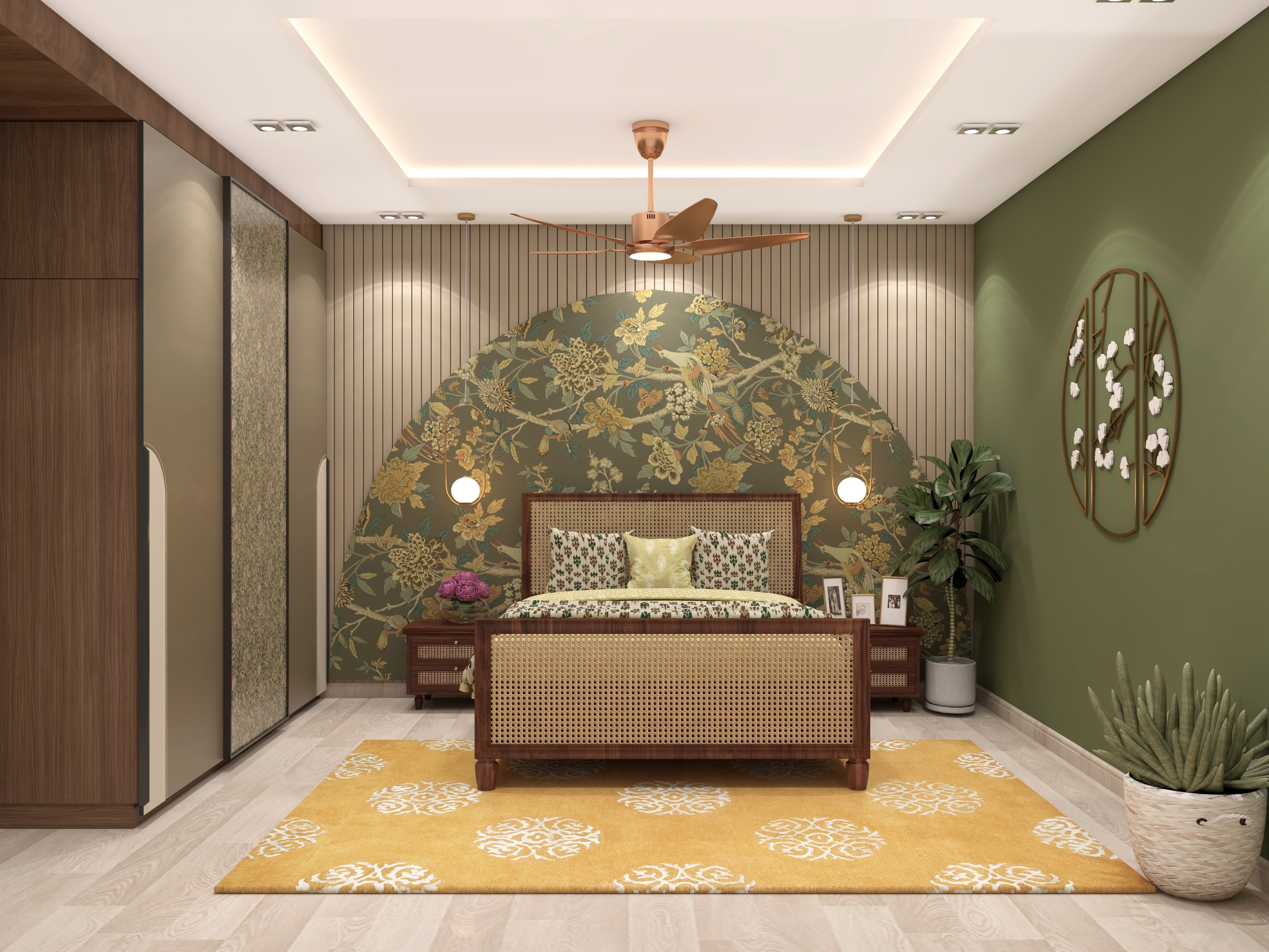 Bohemian bedroom design with Nilaya rattan bed and arched floral wallpaper - Beautiful Homes