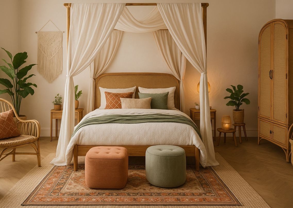 Bedroom with canopy bed and rattan furniture - Beautiful Homes