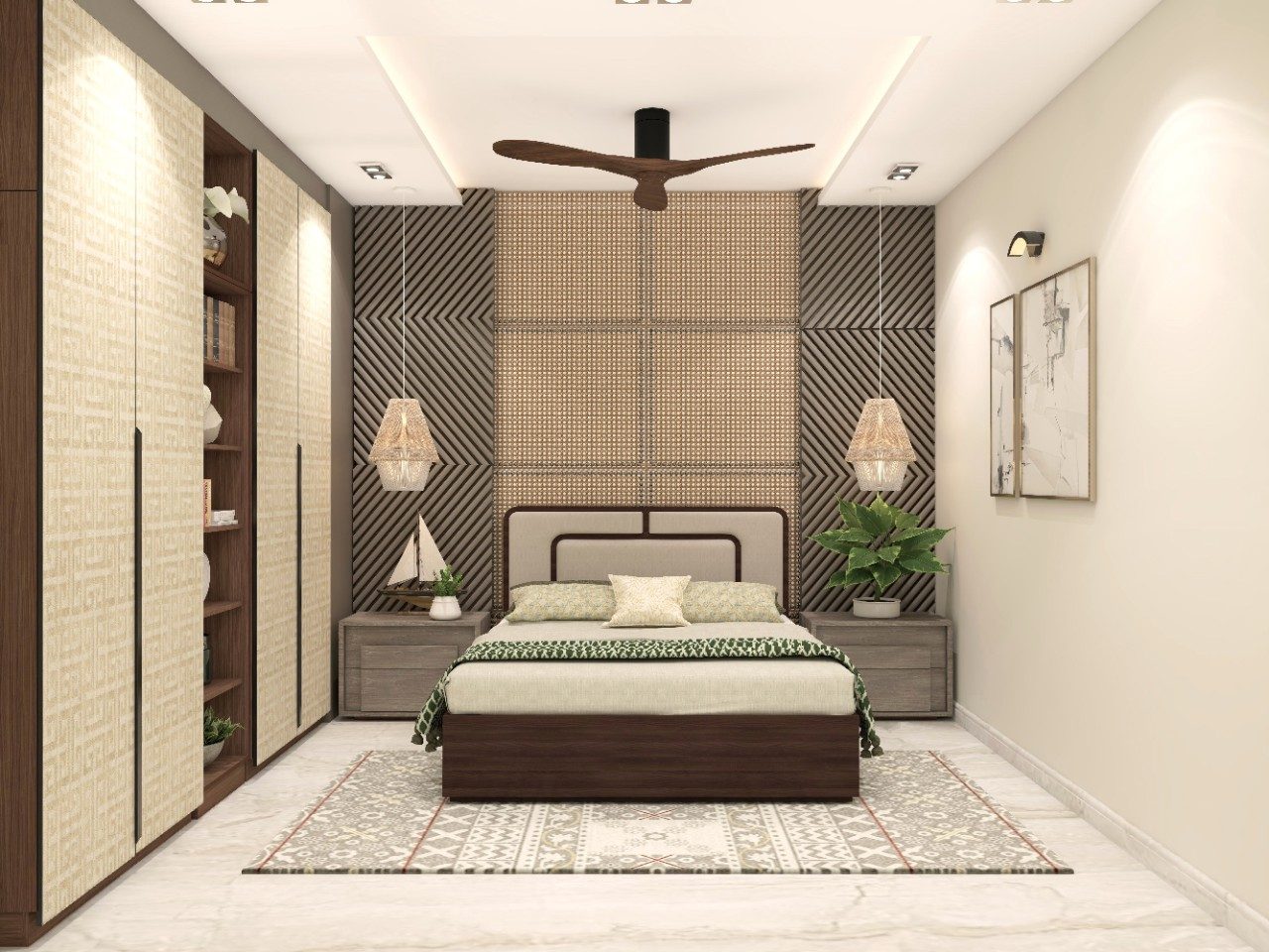 Bohemian bedroom design with Royale 2.0 grey upholstered wooden bed and cane paneling - Beautiful Homes