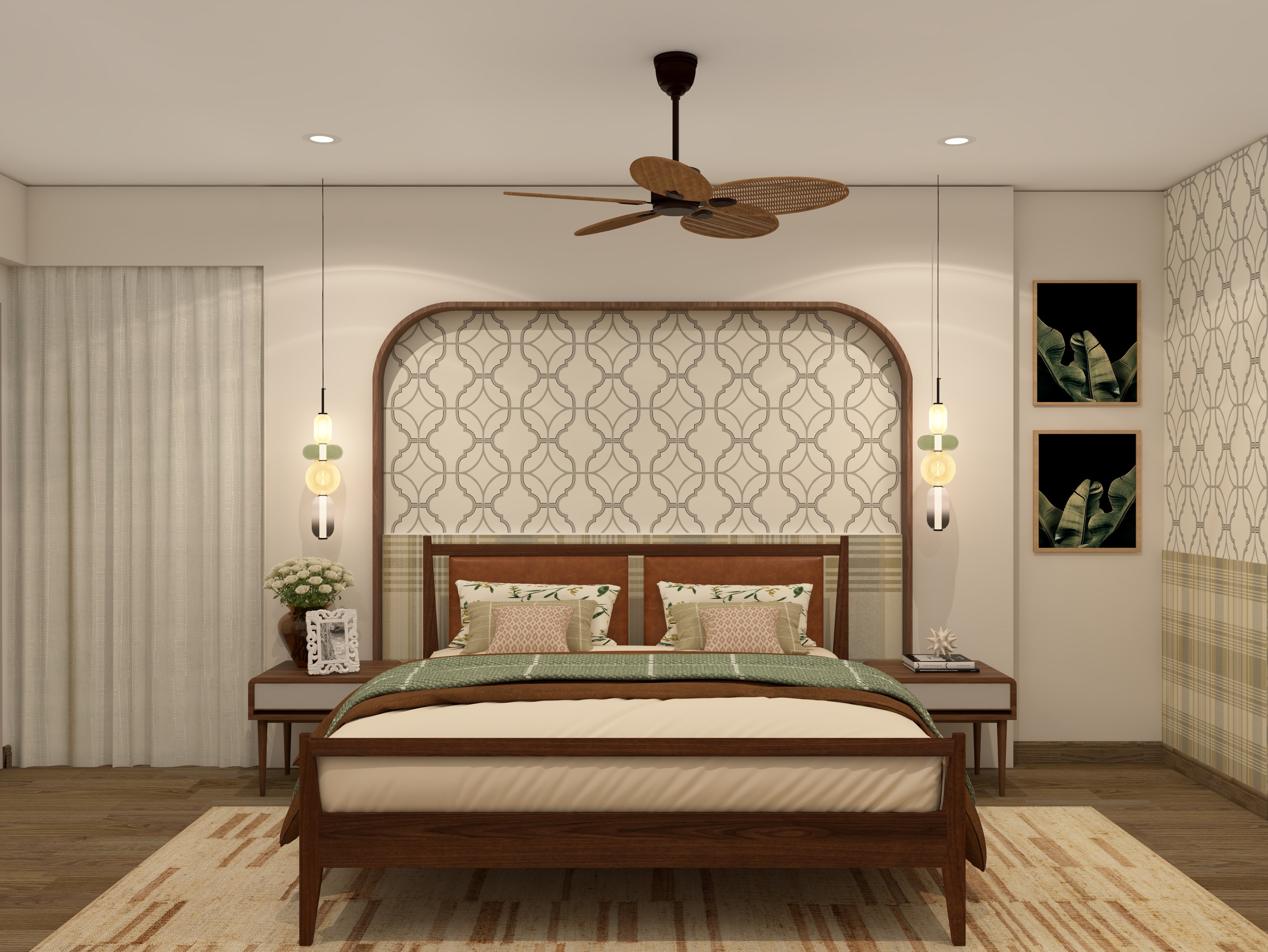 Bedroom with wooden bed, green bedding, and pendant lights - Beautiful Homes