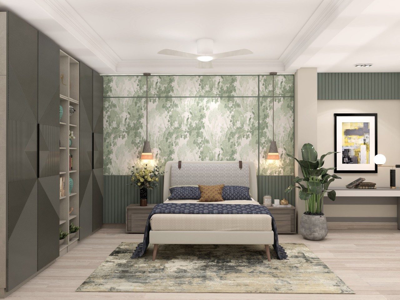 Bedroom with leafy wallpaper and modern furniture - Beautiful Homes