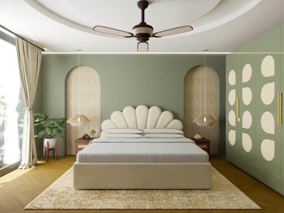 Modern bedroom with upholstered bed and green wall - Beautiful Homes