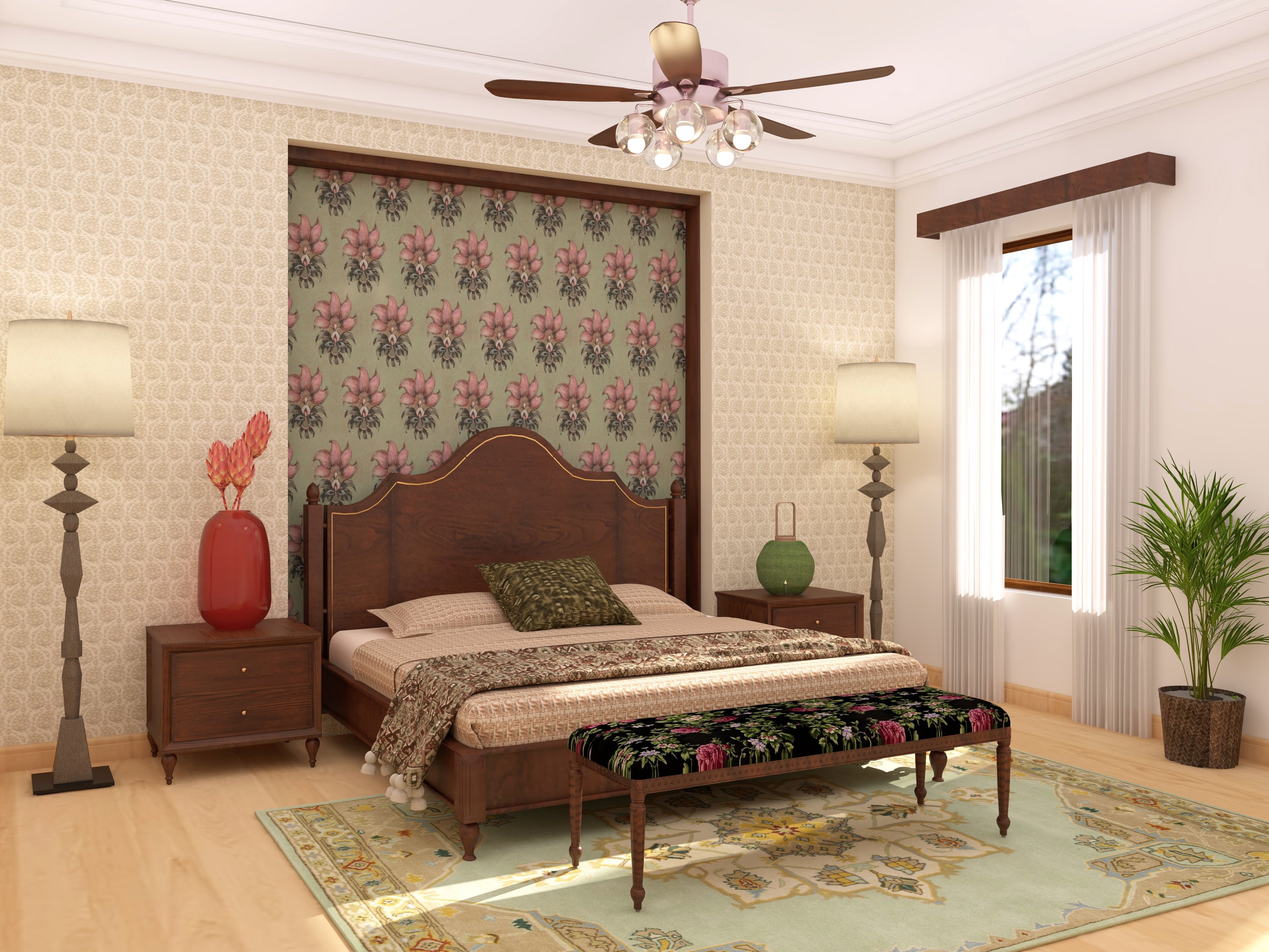 Bohemian bedroom with wooden bed and Nilaya wallpaper - Beautiful Homes