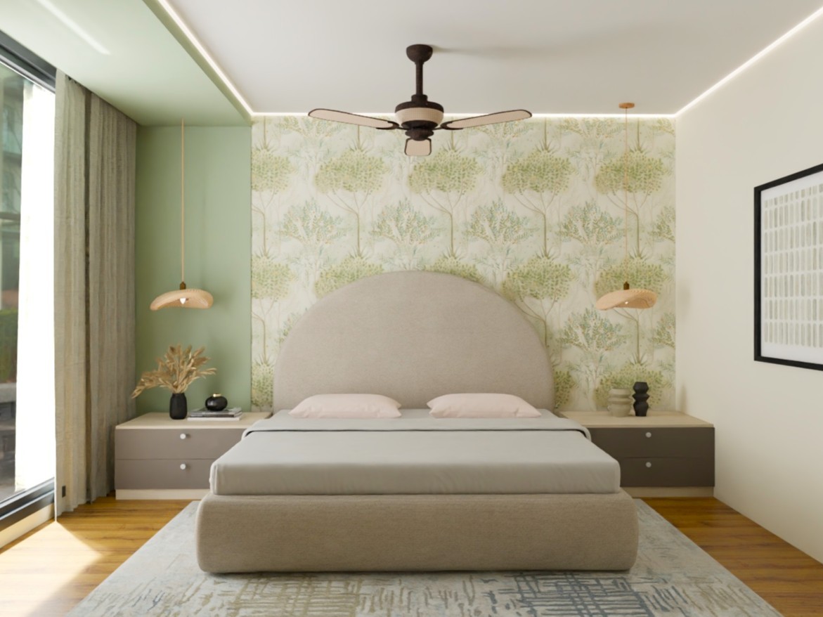 Bohemian master bedroom with wallpaper and round headboard bed - Beautiful Homes