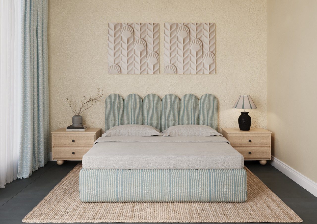Boho bedroom design with scalloped upholstered bed and textured beige walls - Beautiful Homes