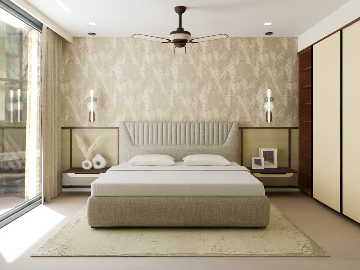 Neutral bedroom with textured wall and modern bed - Beautiful Homes