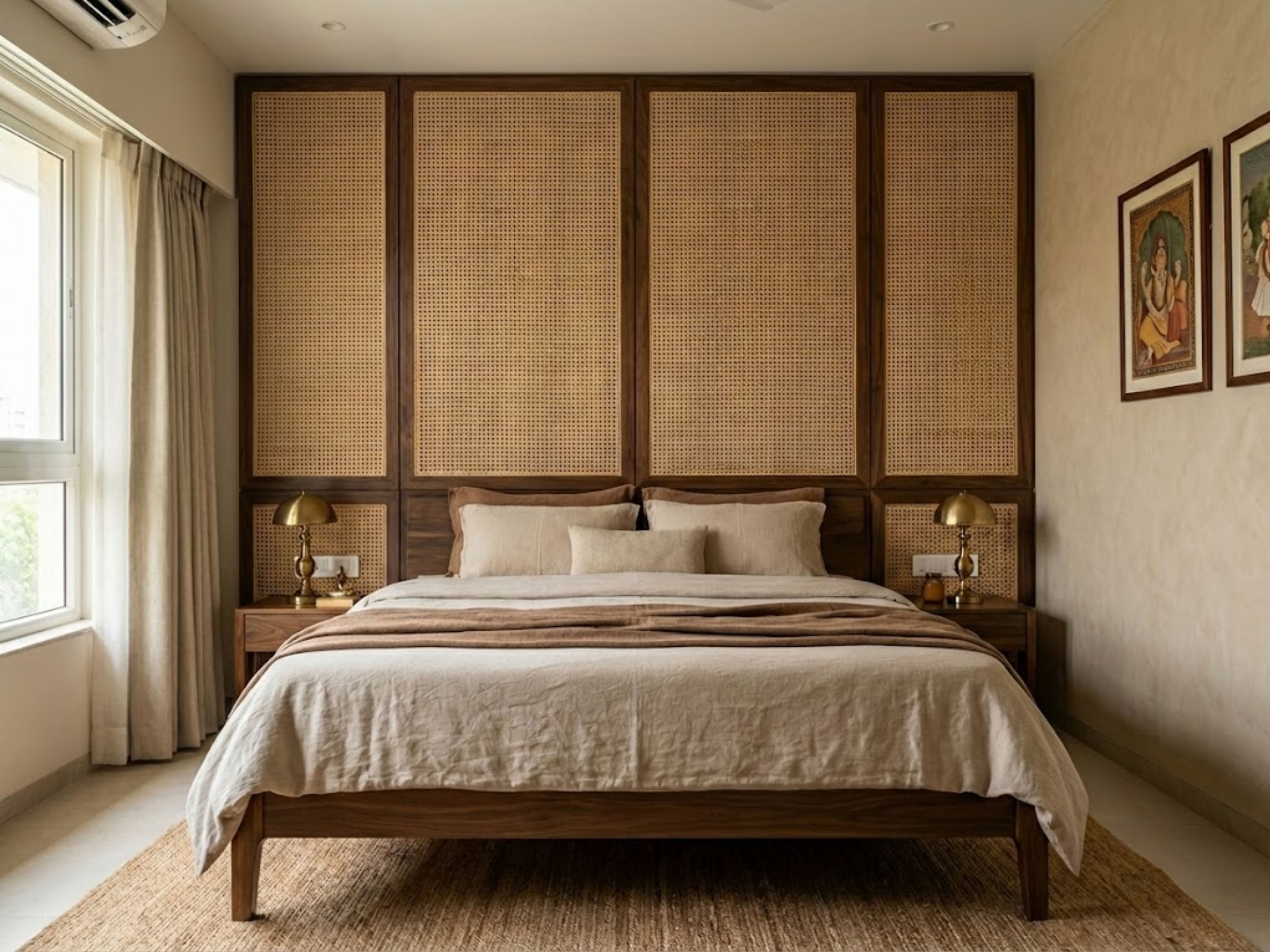 Modern bedroom with wooden bed and neutral décor - Beautiful Homes