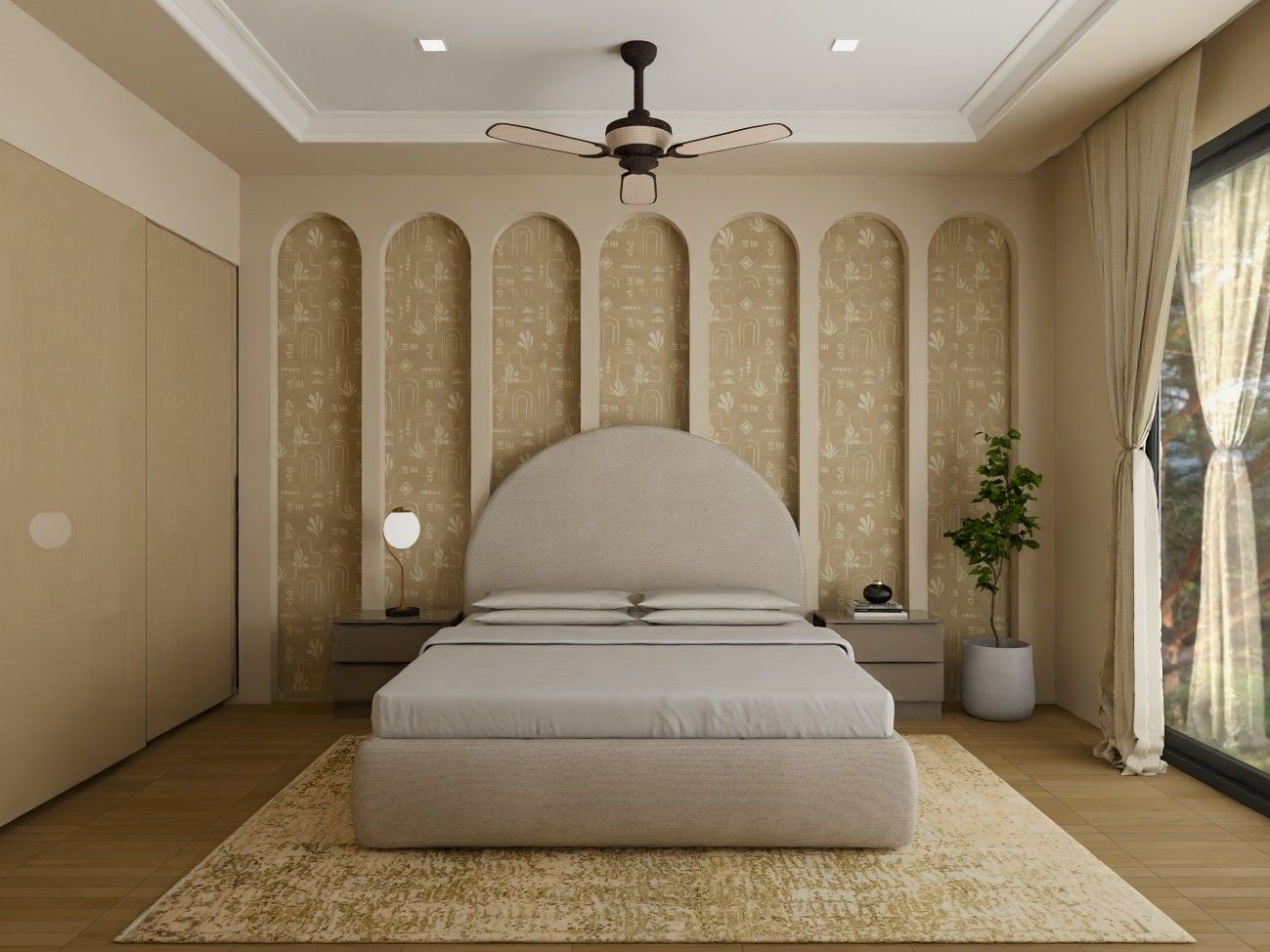 Modern bedroom featuring an upholstered bed, arched wall panels, and natural light - Beautiful Homes