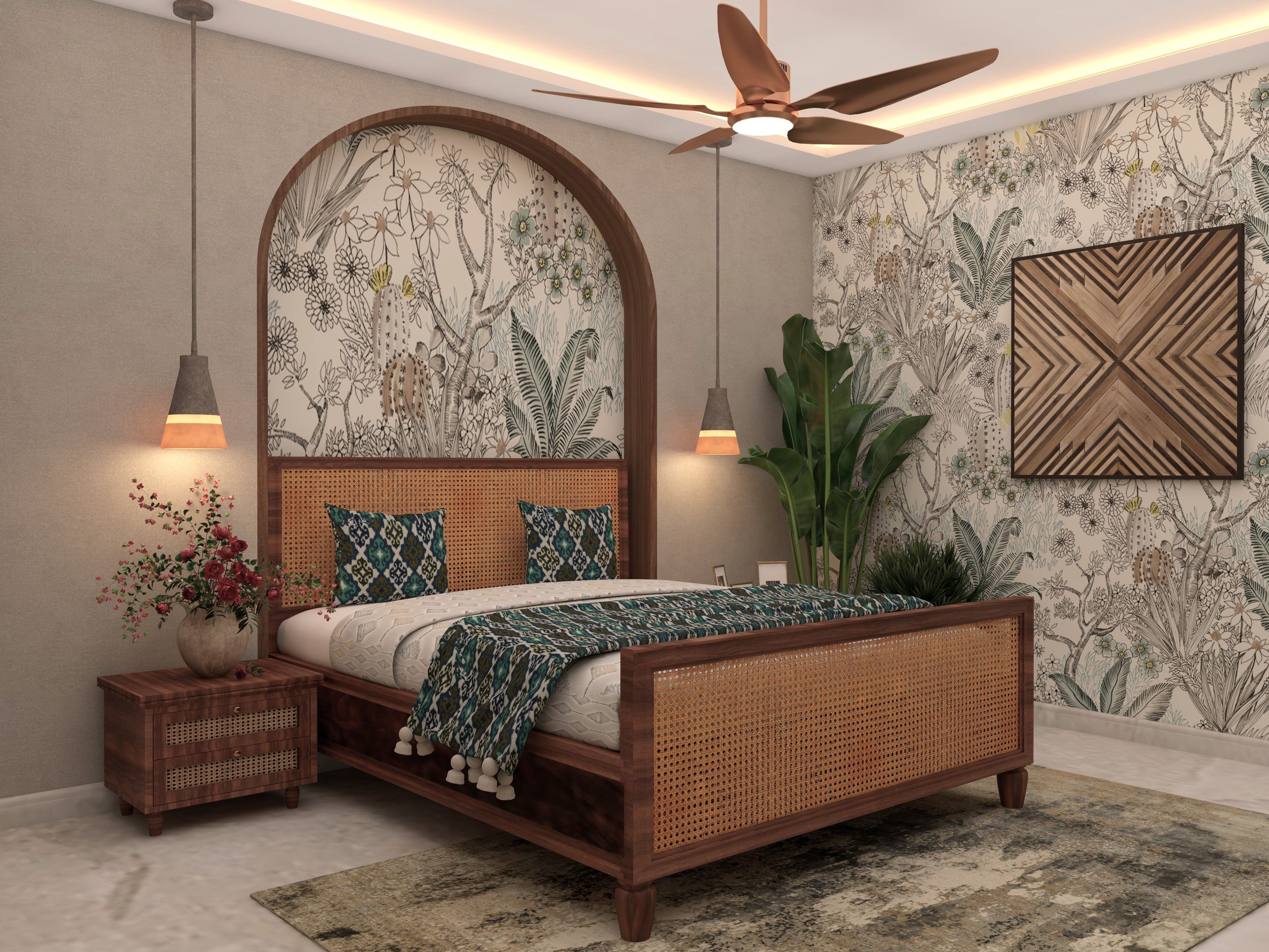 Cozy bedroom featuring a cane headboard, tropical wallpaper, and warm lighting - Beautiful Homes