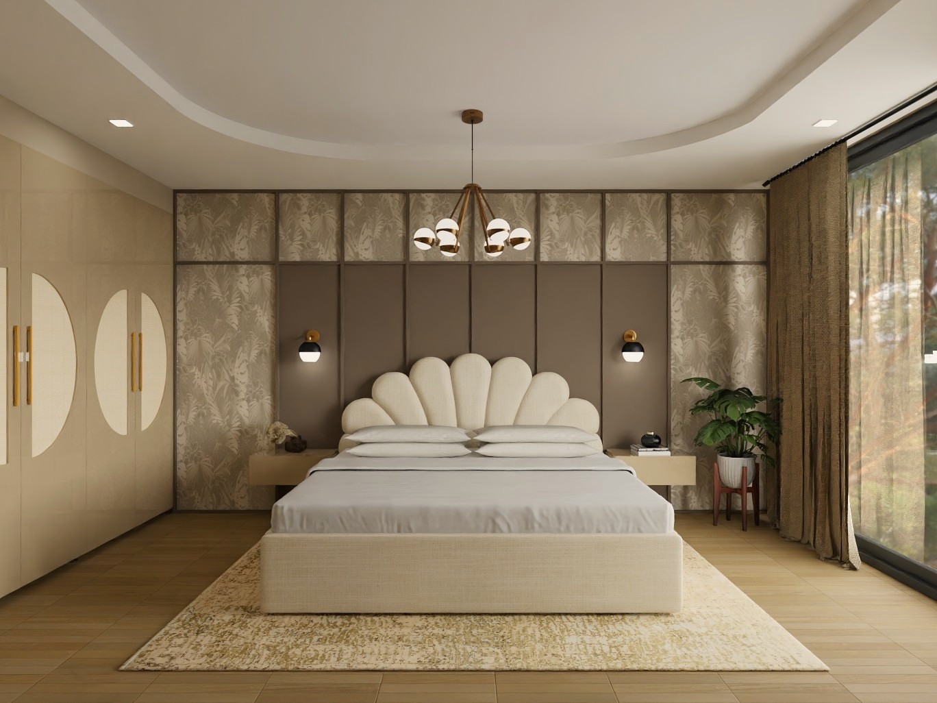 Modern bedroom with headboard, wardrobe, and wooden floors - Beautiful Homes