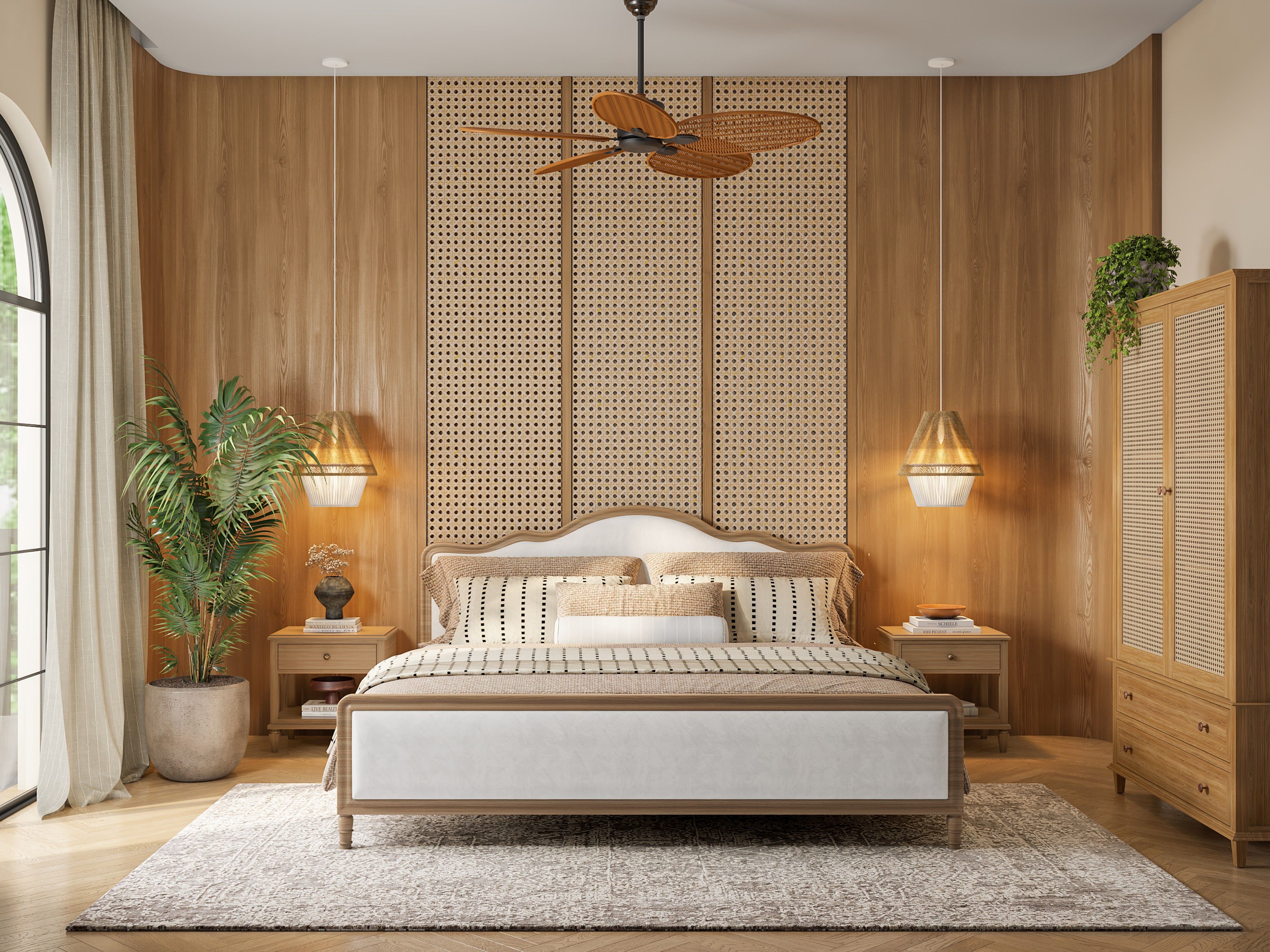 Bohemian bedroom featuring cane accents, wooden paneling, and lush greenery - Beautiful Homes