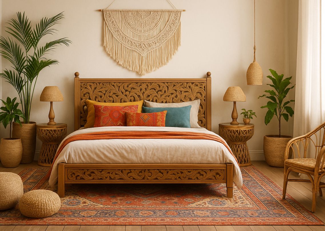 Carved wooden bed with bohemian décor elements - Beautiful Homes