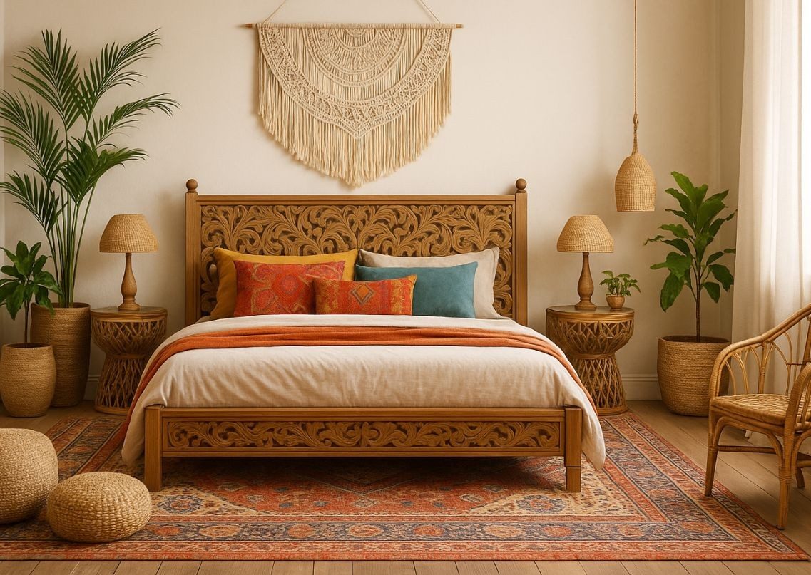 Carved wooden bed with bohemian décor elements - Beautiful Homes