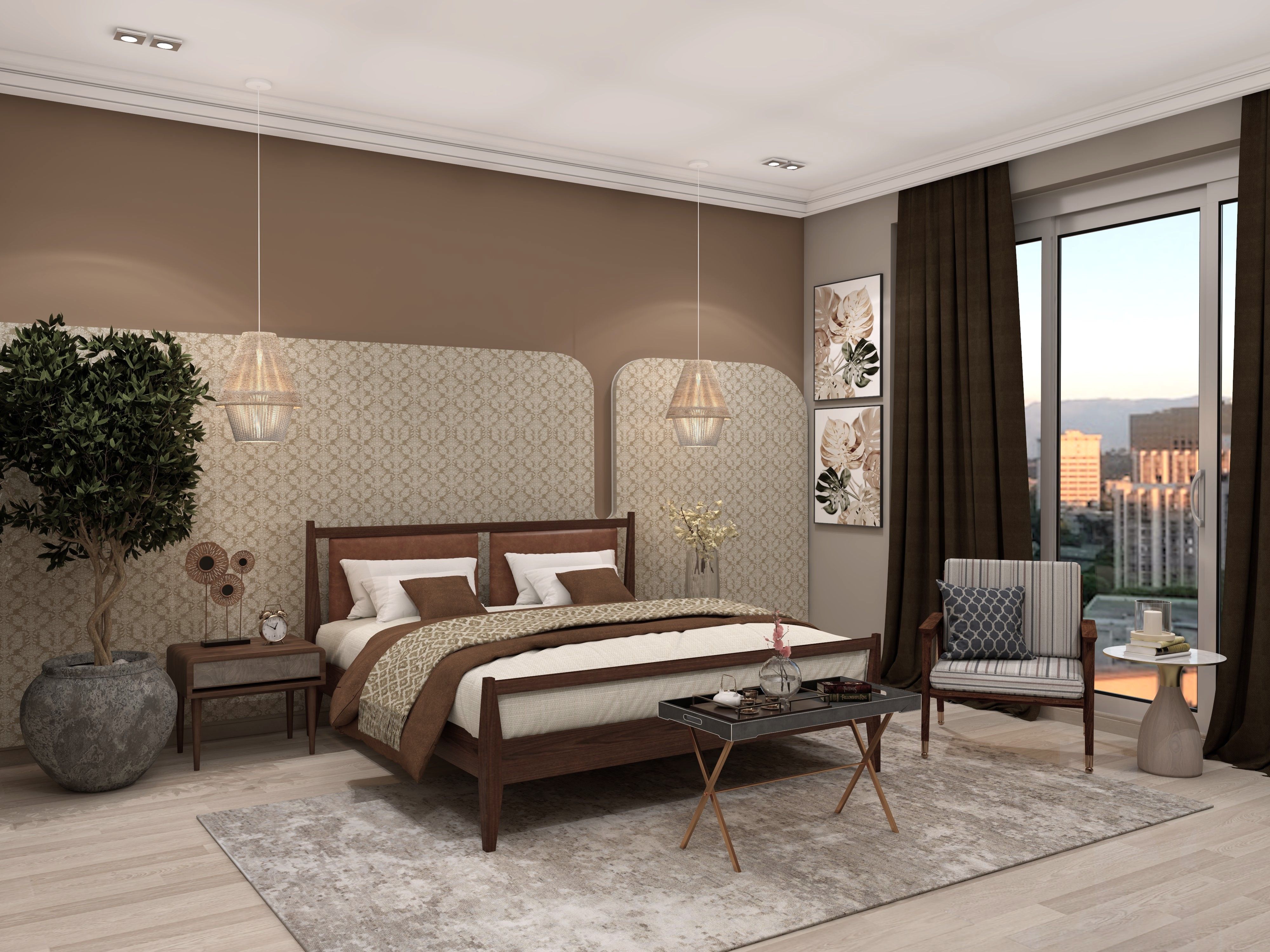 Warm and inviting bedroom featuring a wooden bed and pendant lights - Beautiful Homes