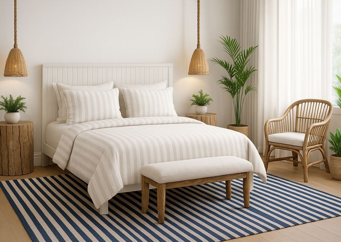 Modern bedroom with striped rug and rattan furniture - Beautiful Homes