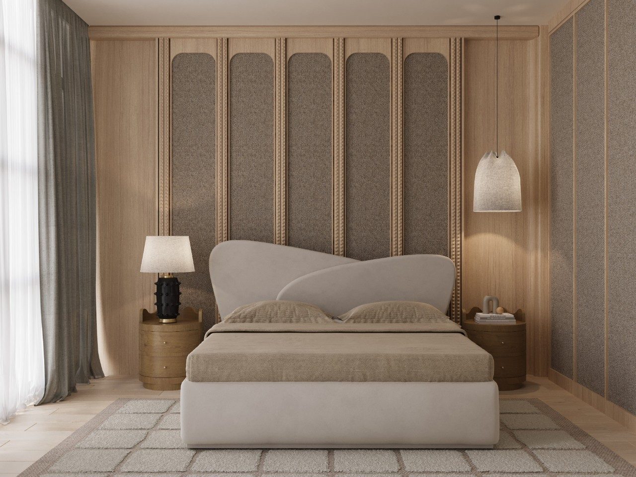 Neutral bedroom with textured walls and pendant light - Beautiful Homes