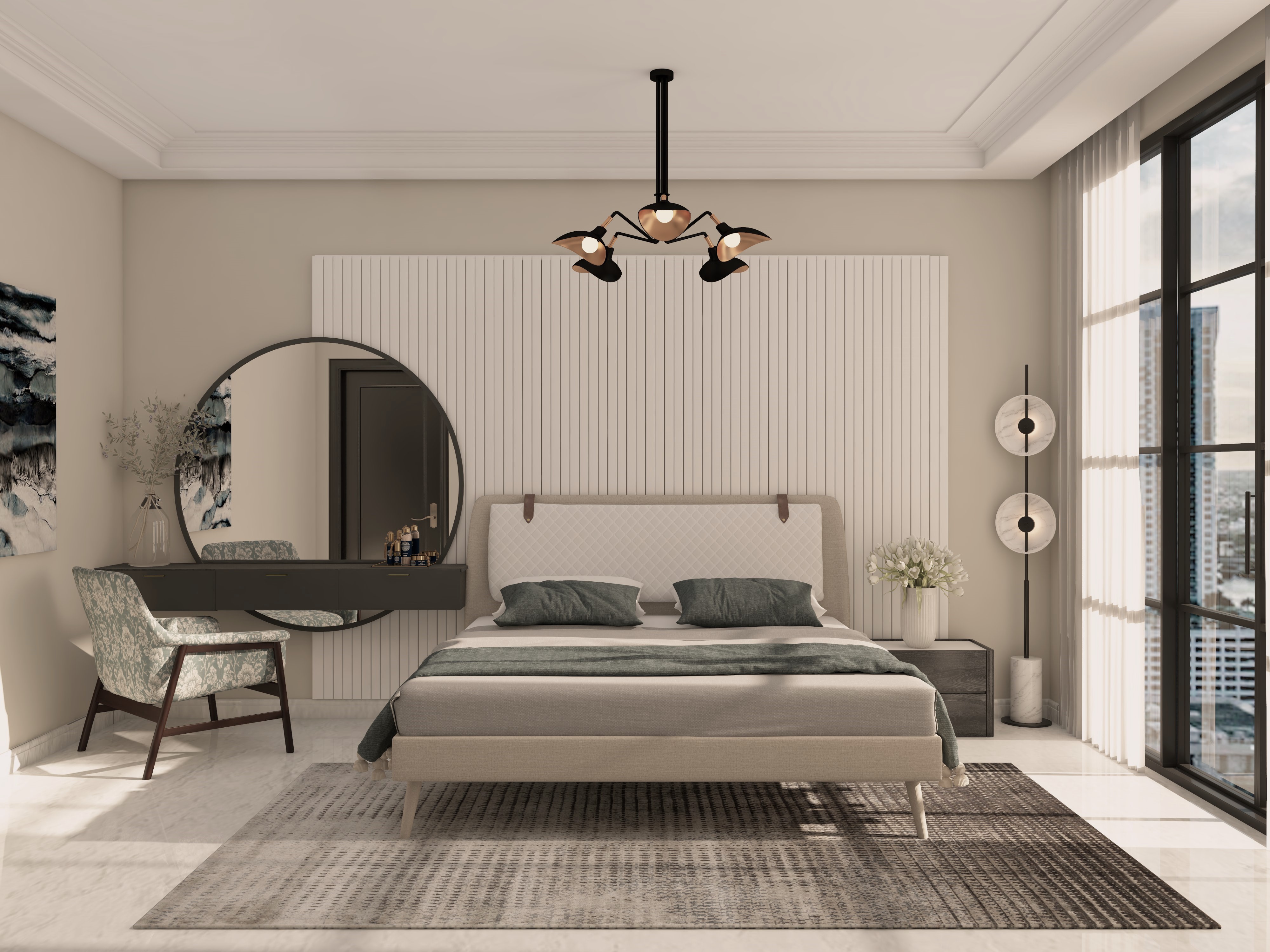 Contemporary bedroom with white fluted wall paneling - Beautiful Homes