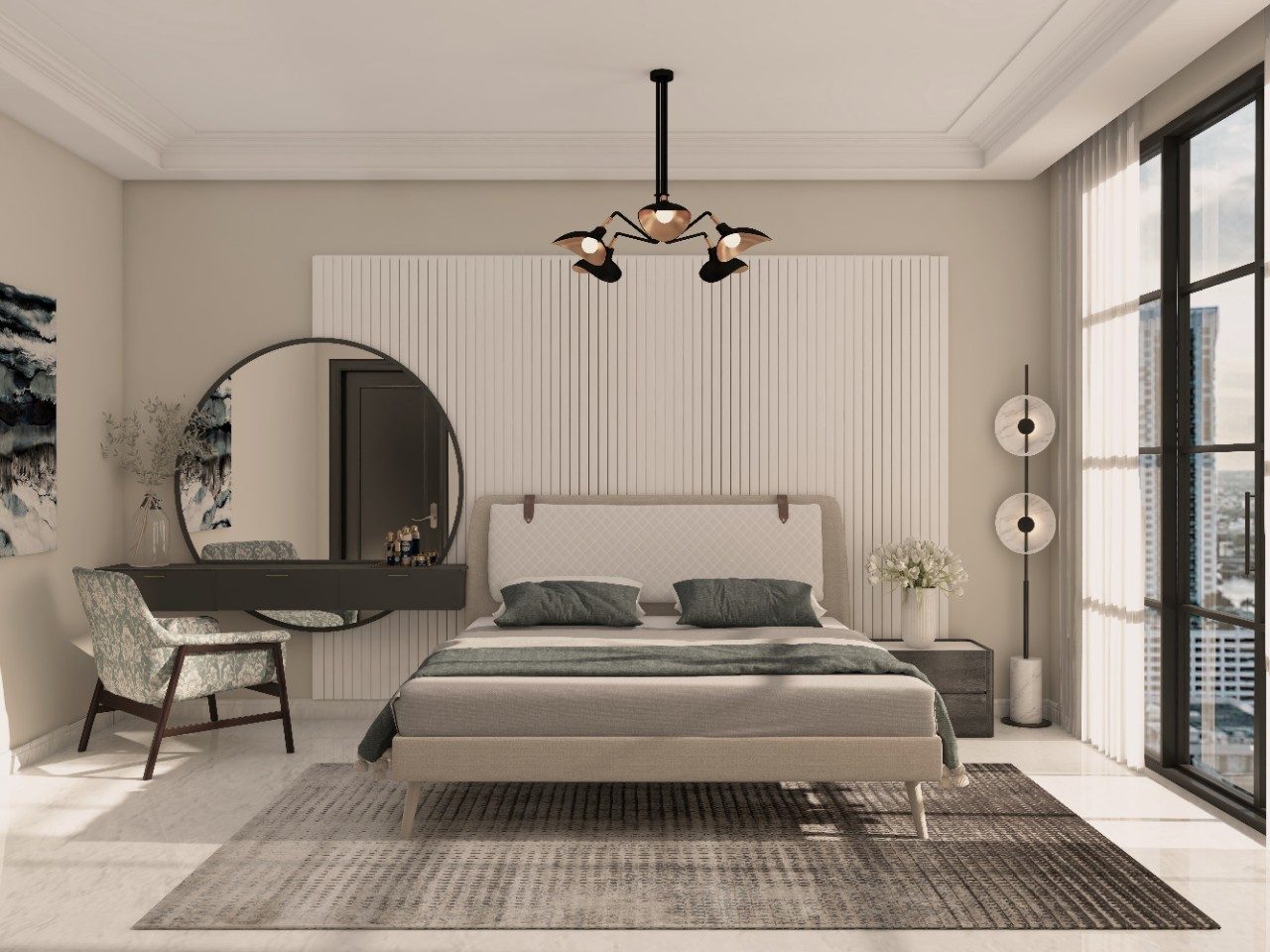 Contemporary bedroom with white fluted wall paneling - Beautiful Homes