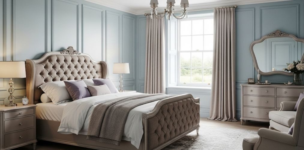 Elegant bedroom with tufted bed and blue walls - Beautiful Homes