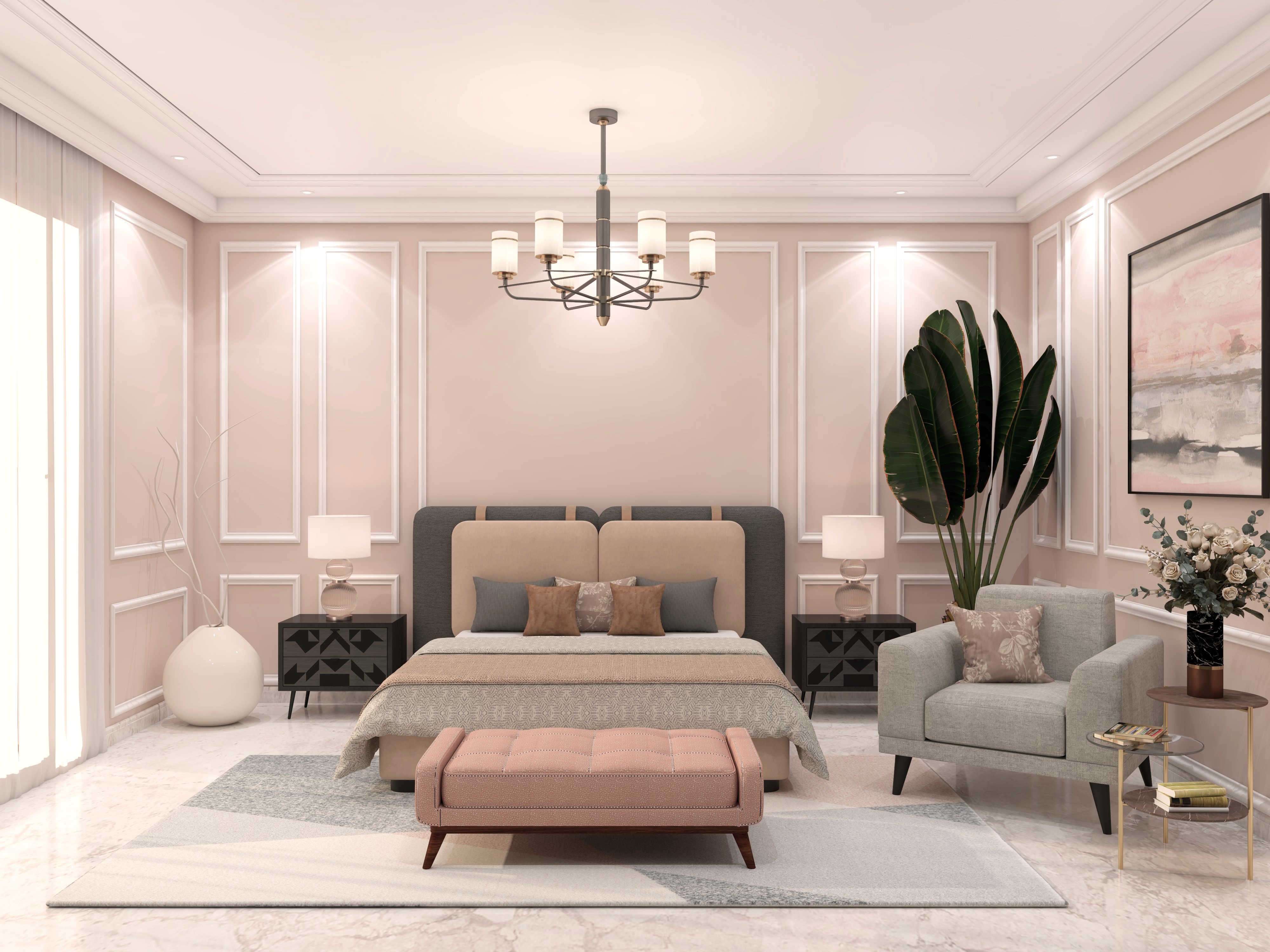 Modern bedroom with upholstered bed and pastel décor - Beautiful Homes