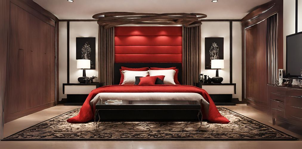 Classic bedroom design with red accent wall - Beautiful Homes