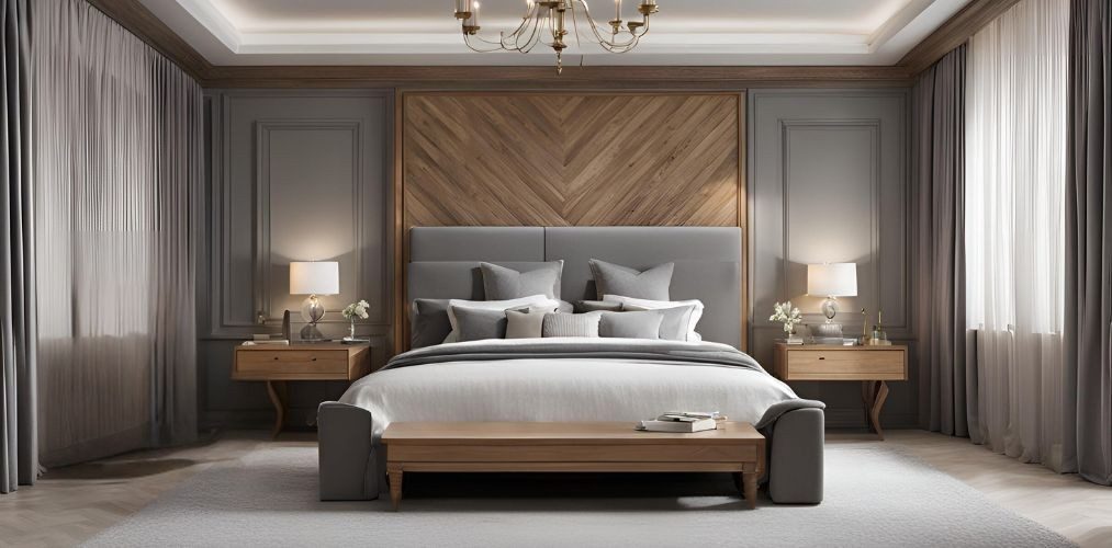 Classic bedroom design with wooden bed and grey headboard - Beautiful Homes