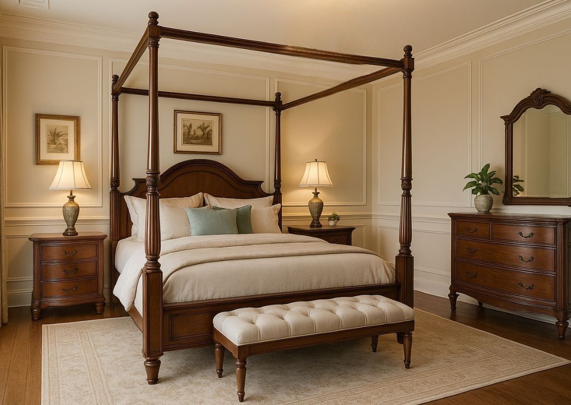 Wooden four-poster bed with neutral décor accents - Beautiful Homes