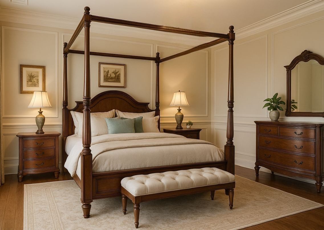 Wooden four-poster bed with neutral décor accents - Beautiful Homes