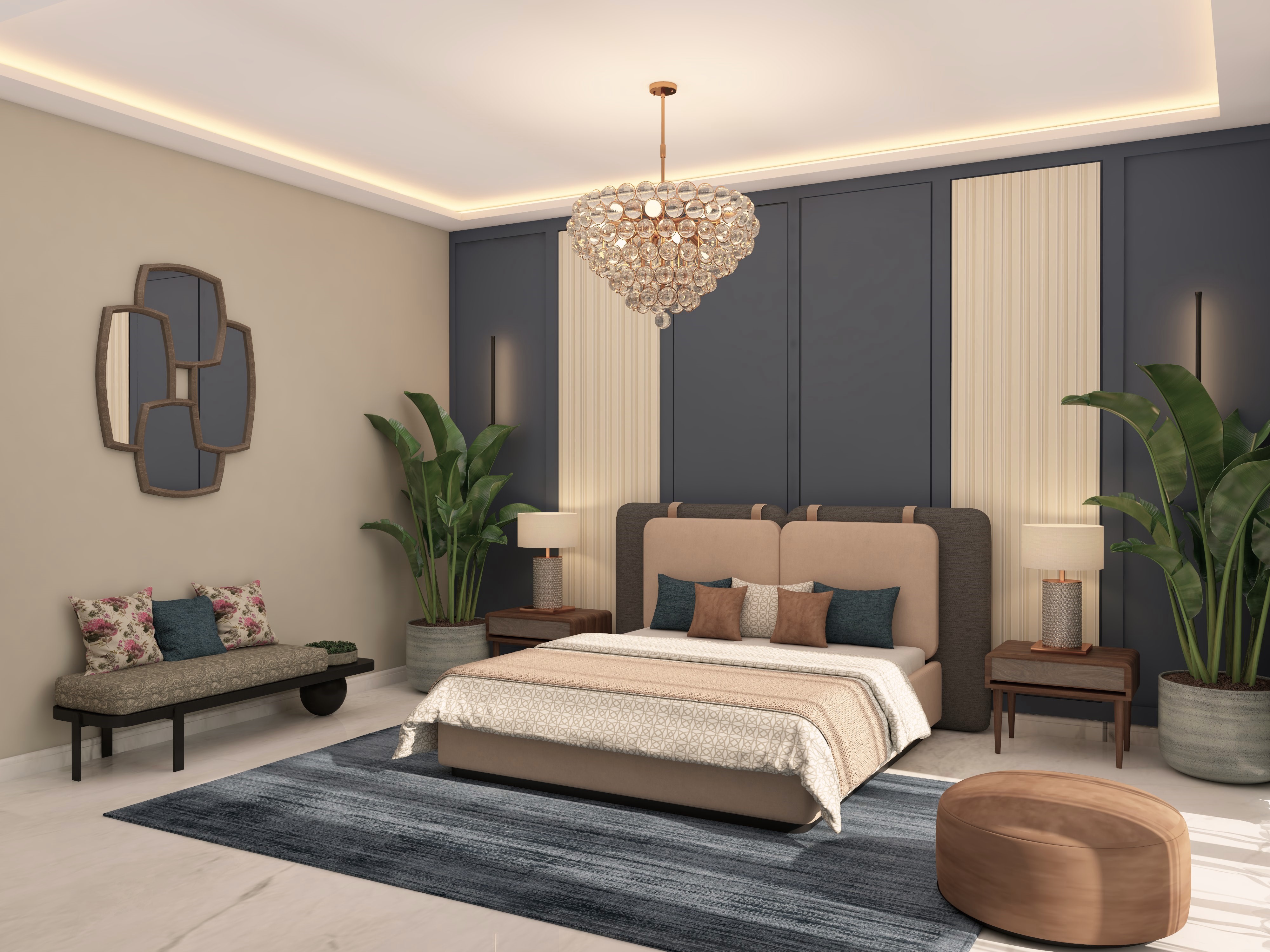 Modern bedroom with upholstered bed and indoor plants - Beautiful Homes