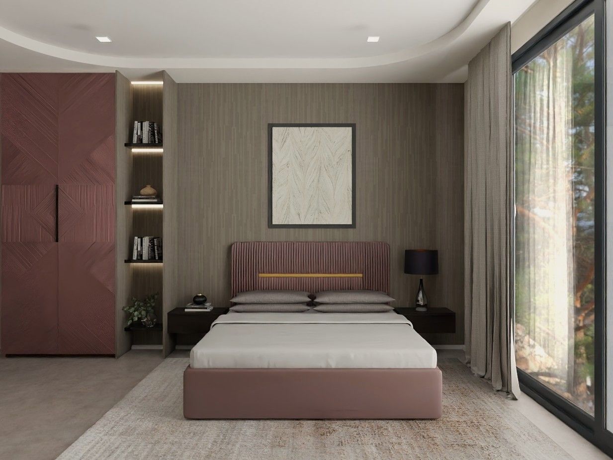 Stylish bedroom featuring a dusty rose headboard, geometric wardrobe, and built-in shelving - Beautiful Homes