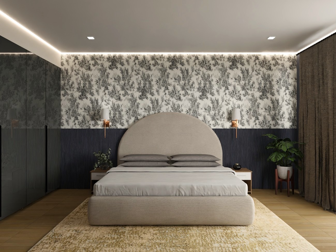 Modern bedroom with headboard and patterned wall - Beautiful Homes