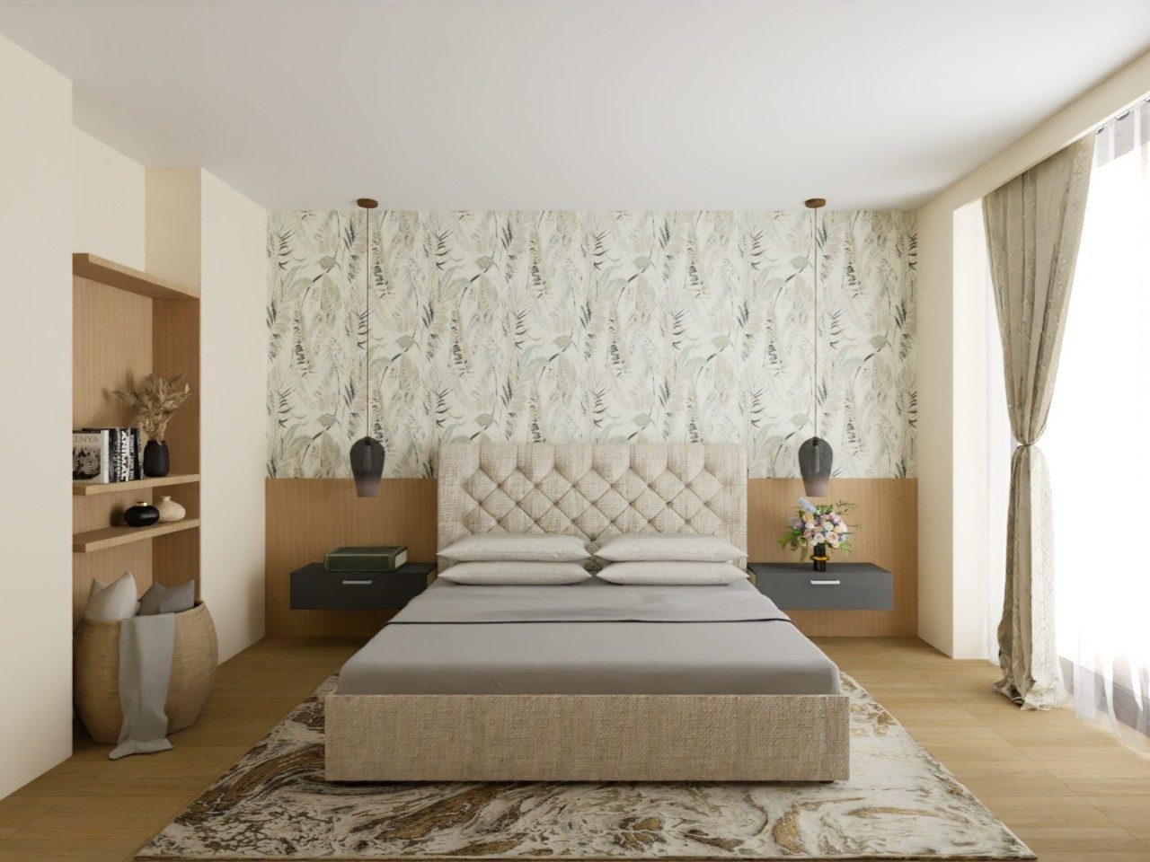 Modern bedroom with floral wallpaper and grey bed - Beautiful Homes